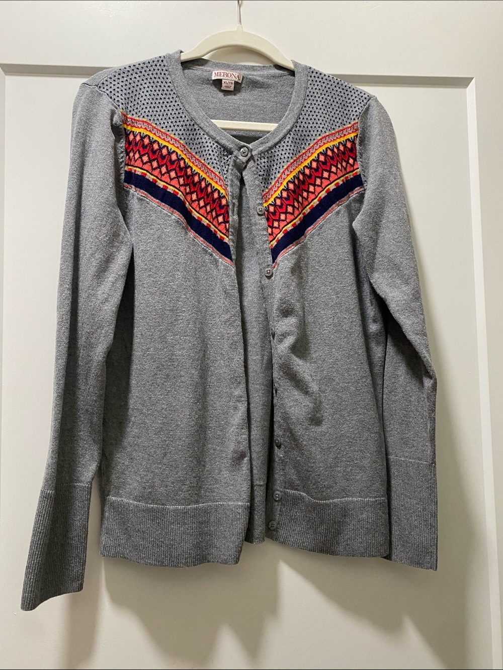 Merona Gray Cardigan with Colorful patterned Yoke
